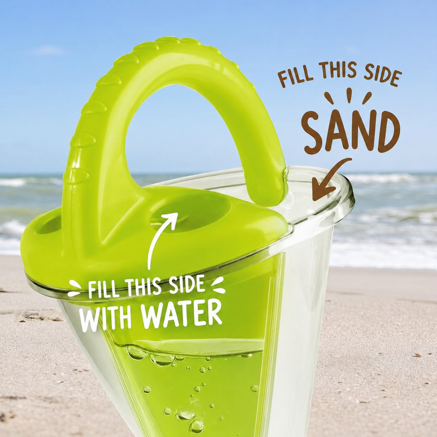 SandSwirl™ beach toy showing separate sand and water sections for creative play