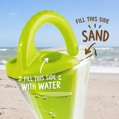 SandSwirl™ beach toy showing separate sand and water sections for creative play