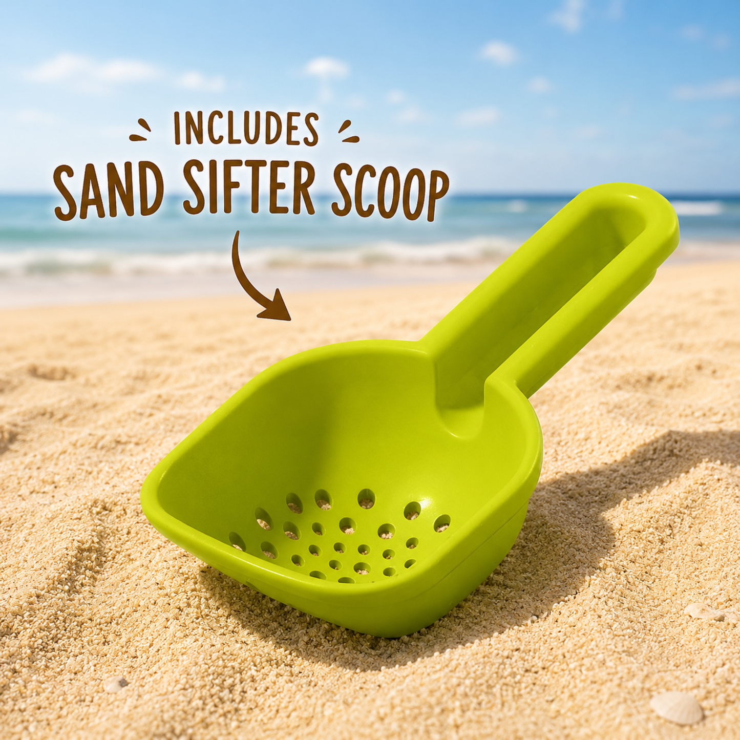 SandSwirl™ sand sifter scoop accessory for beach play