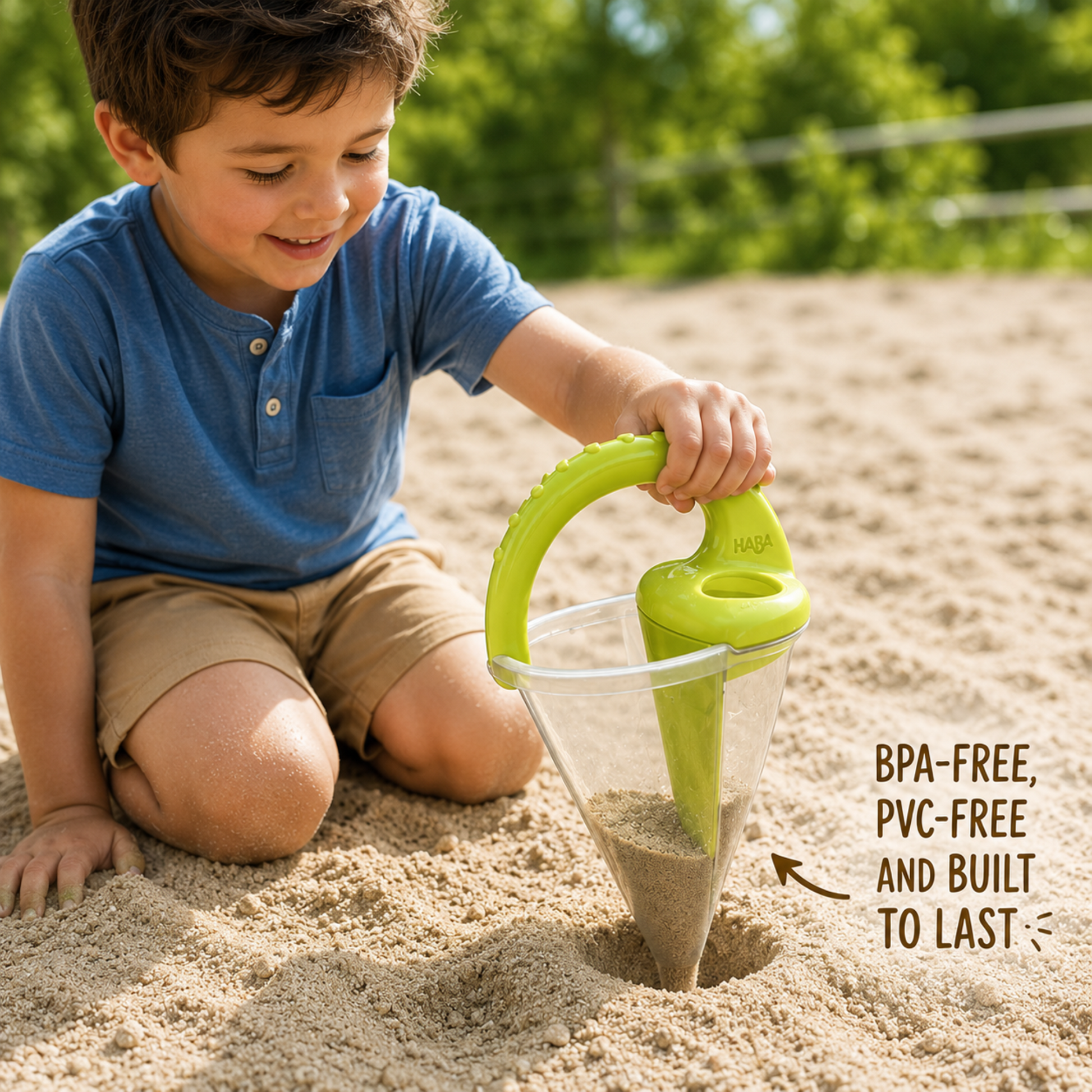 Child playing with SandSwirl™ beach toy creating sand castles with sand and water play